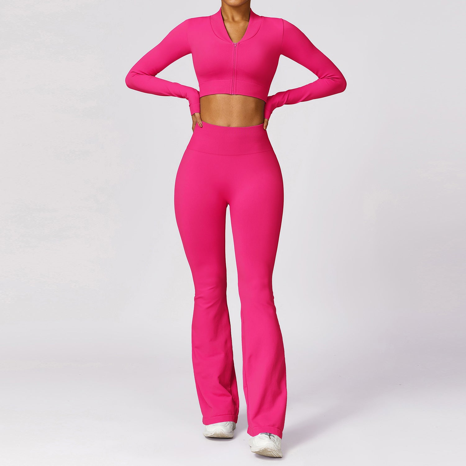 Seamless Ribbed Long Sleeve Crop Top and Flare Leggings Activewear Set