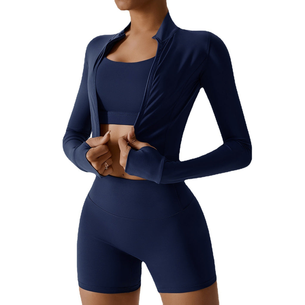 Women's Nude Feel Activewear Set - Long Sleeve Top & Yoga Shorts