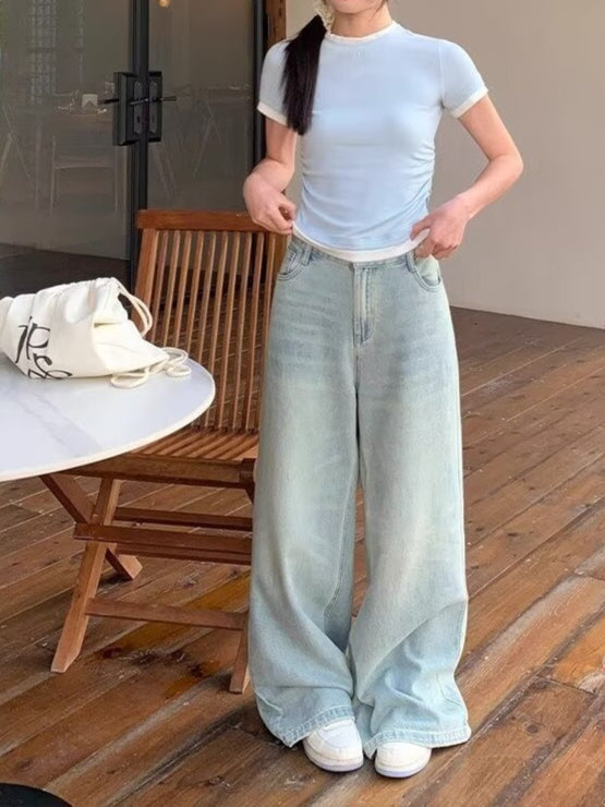 Retro Blue High-Waist Loose Wide Leg Jeans