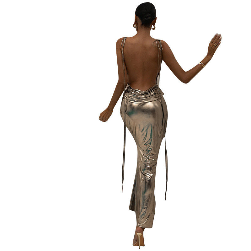 Women's Elegant Shimmering Gold Cowl Neck Slim Fit Maxi Dress for Special Evenings