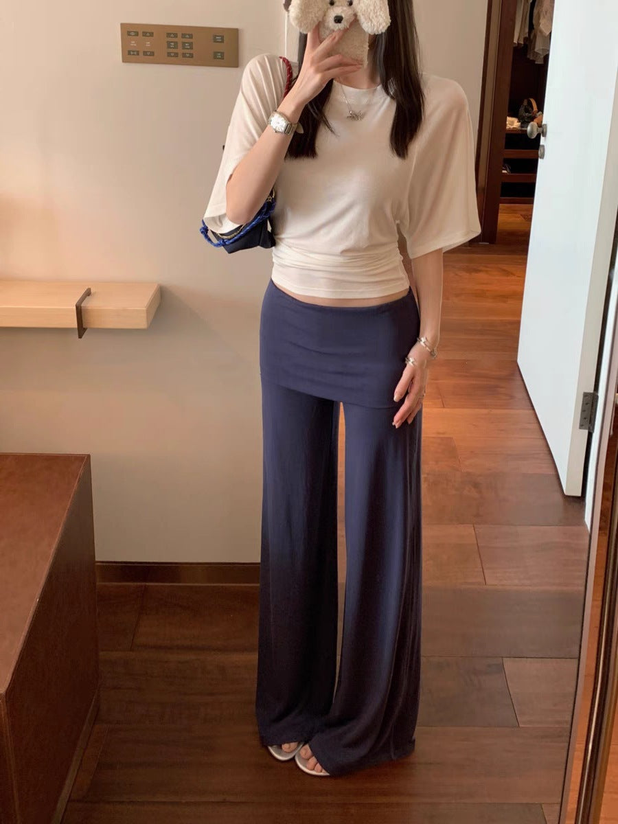 Chic Cotton Wide Leg Pants with Fold-Over Waist - Loose & Casual