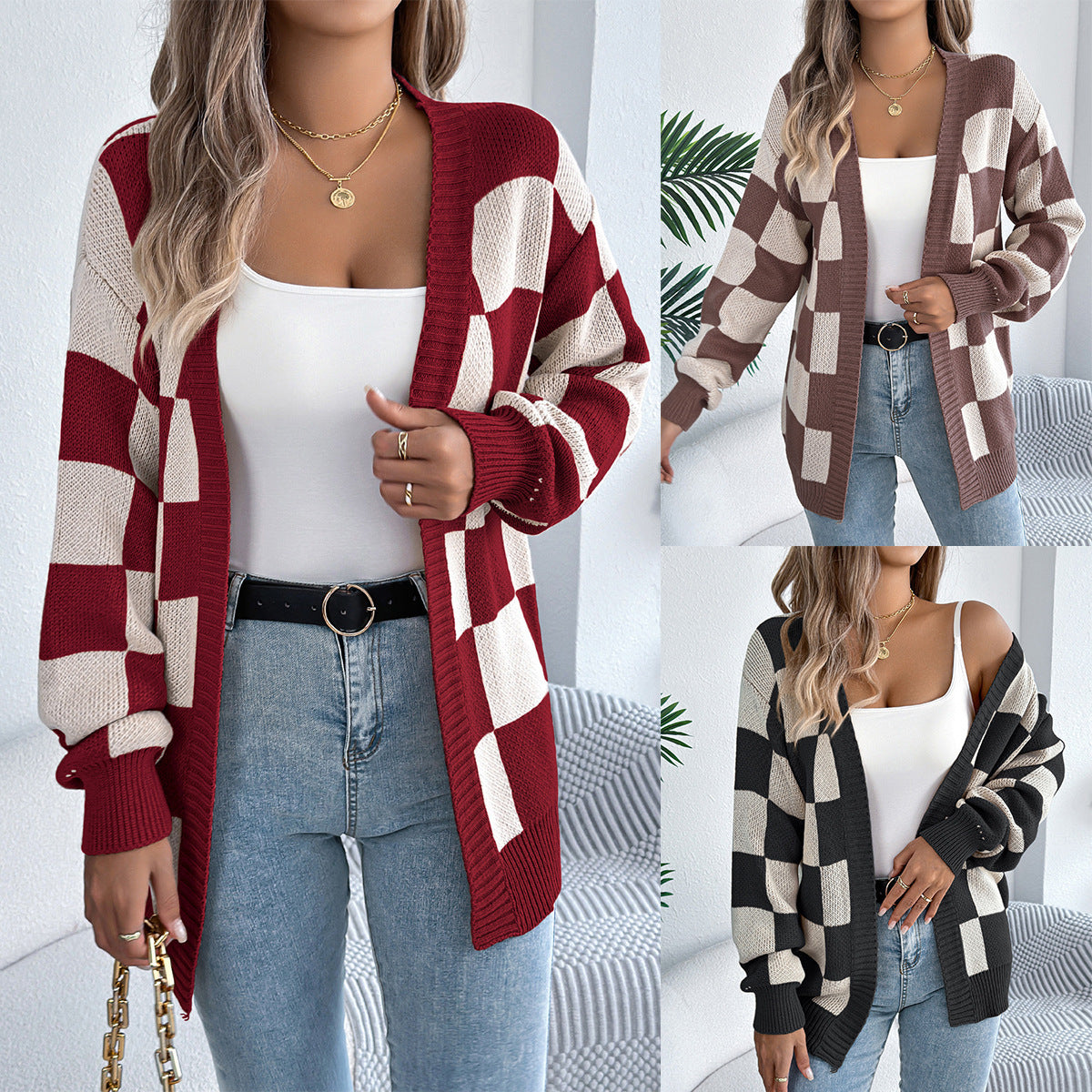 Cozy Plaid Checkered Long Sleeve Knit Cardigan Sweater