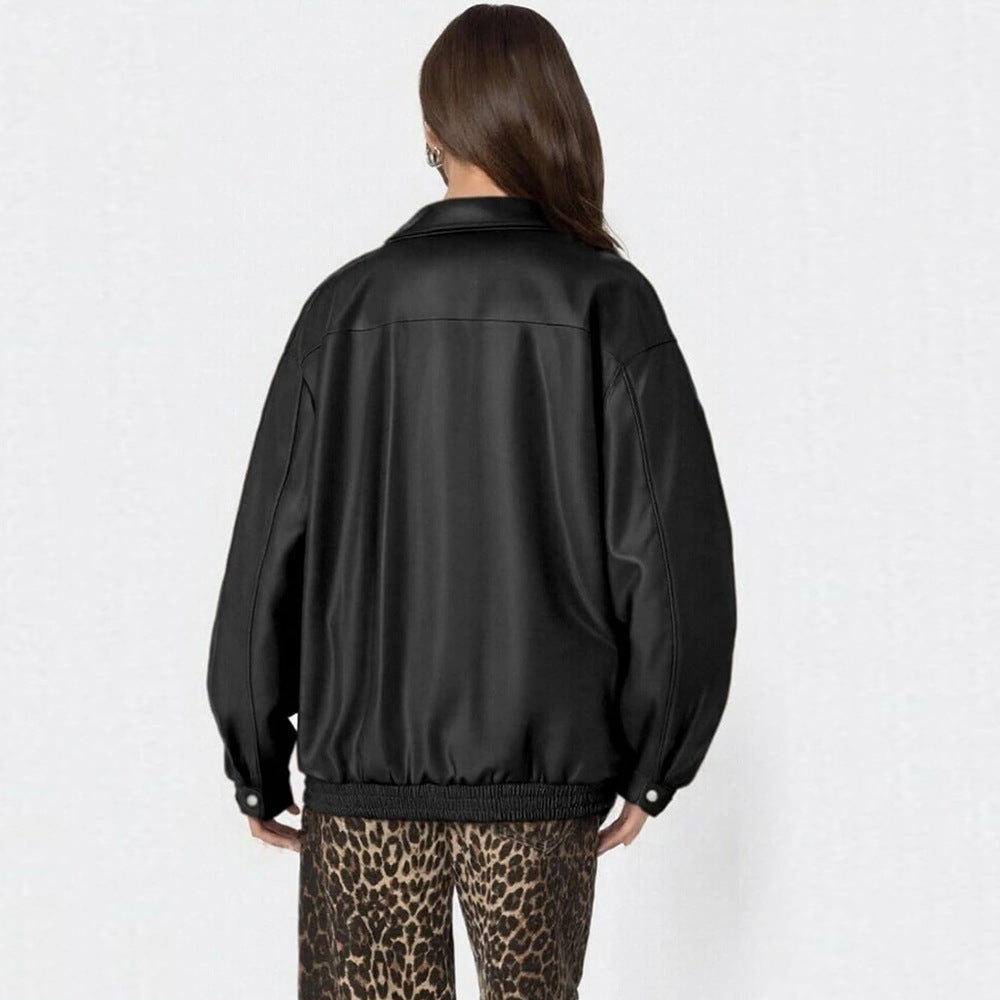 Chic Loose Fit Faux Leather Lapel Jacket Long Sleeve Motorcycle Style