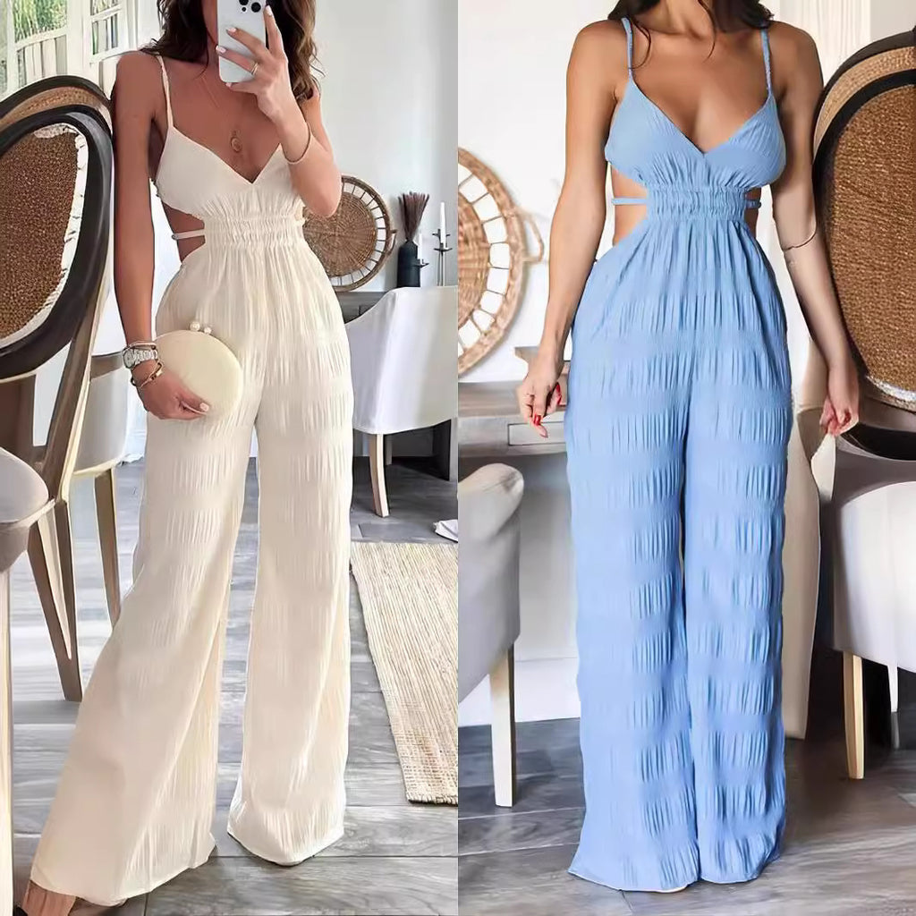 Elegant Backless Cutout Textured Wide Leg Jumpsuit for Women