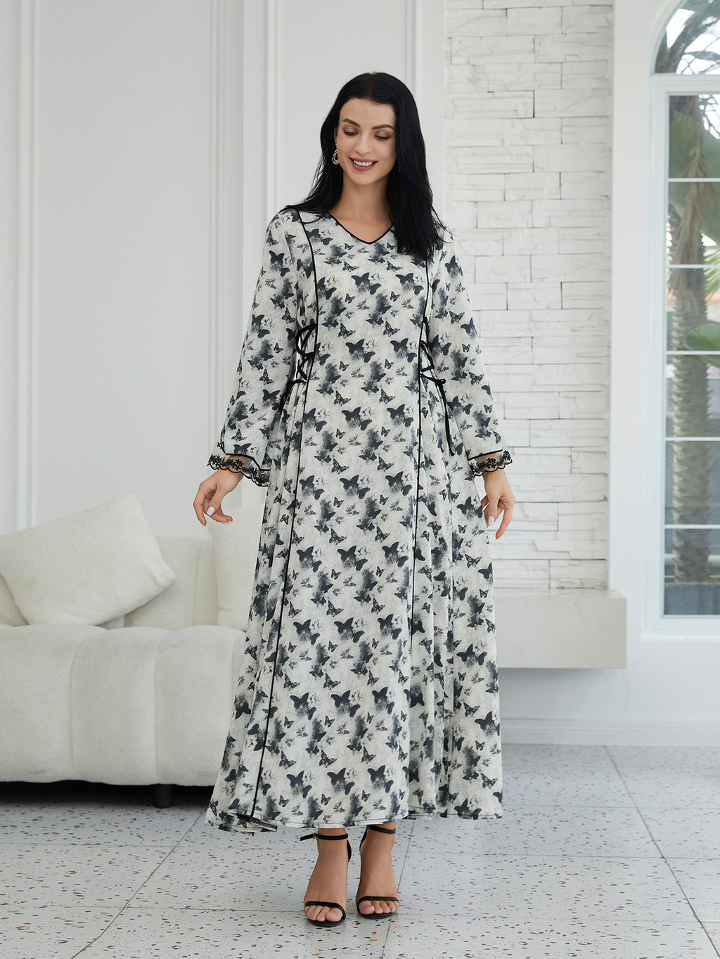 Elegant Butterfly Print Maxi Dress - Flowing V-Neck Abaya Style