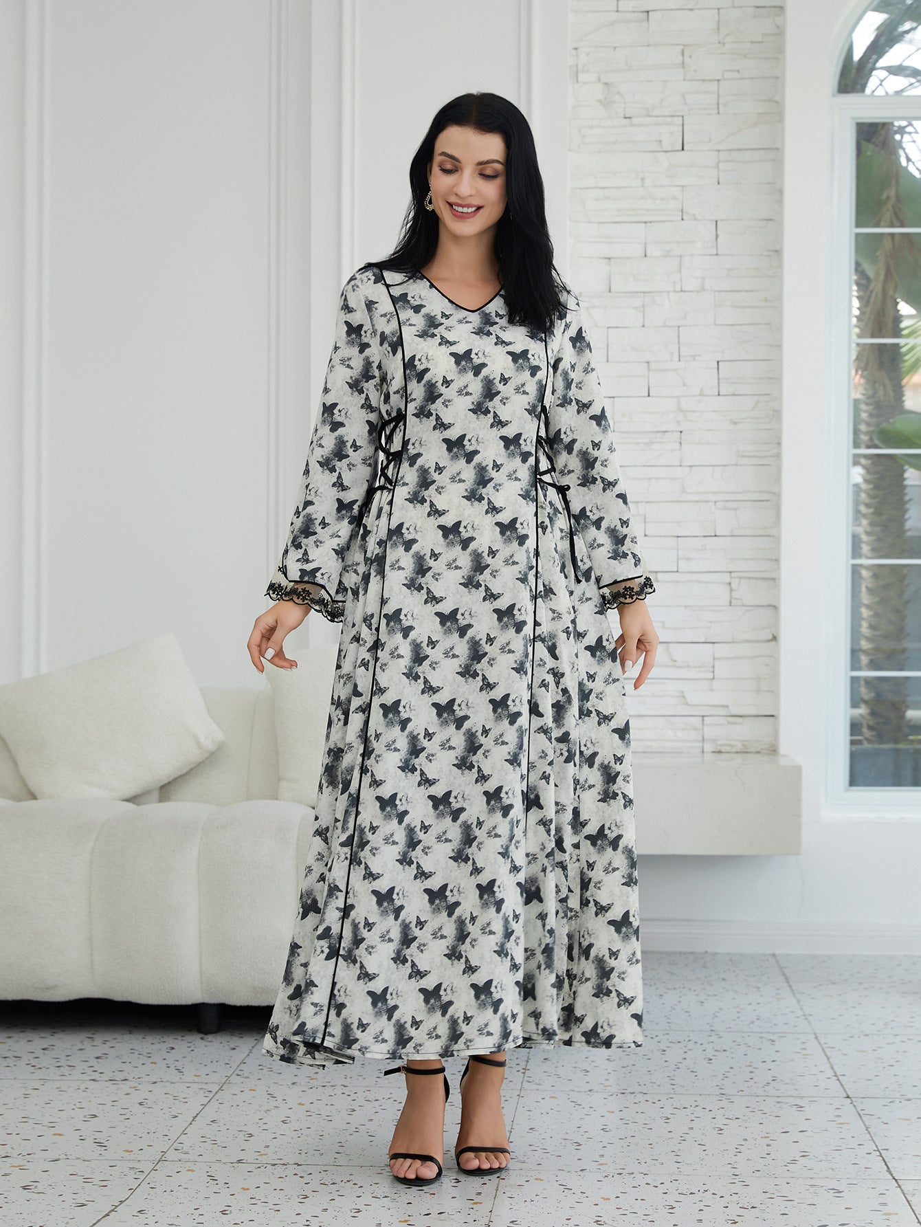 Elegant Butterfly Print Maxi Dress - Flowing V-Neck Abaya Style
