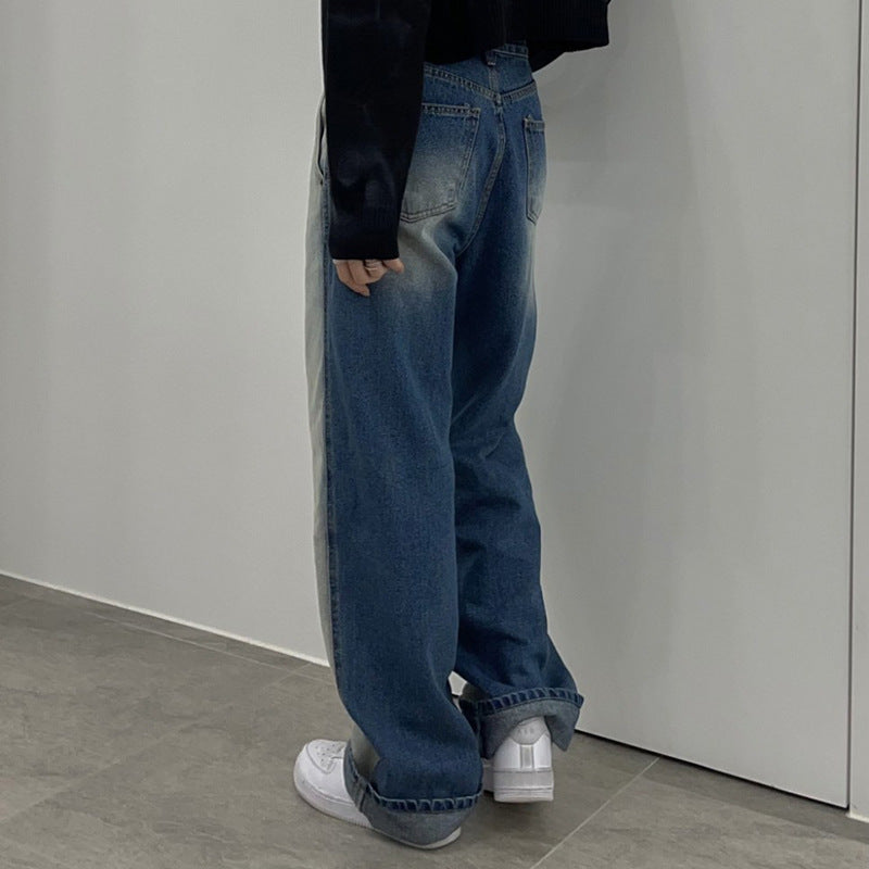 Washed Wide Leg Jeans - Contrast Stitch Denim