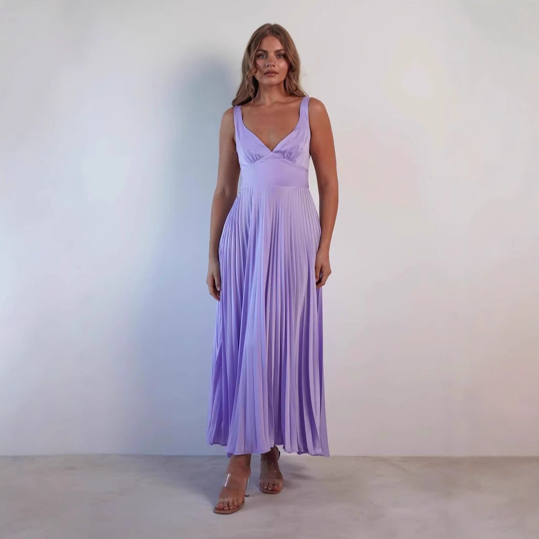 Elegant Pleated V-neck Midi Dress with Sling Straps