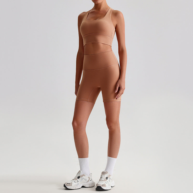 Comfortable Nylon Workout Set with Crop Top and High Waist Cycling Shorts for Women