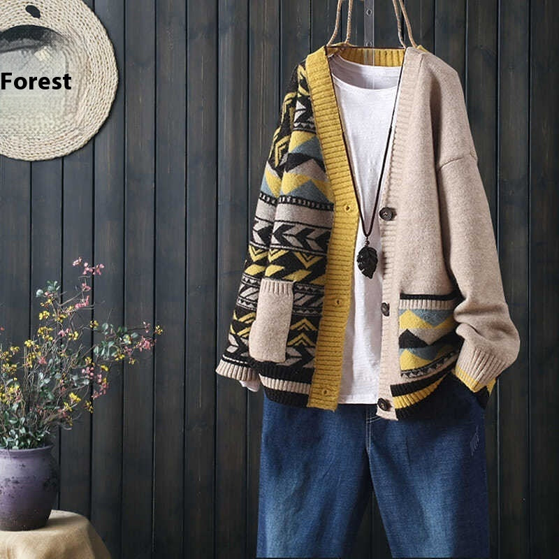 Cozy Bohemian Jacquard Knit Cardigan with Stylish Color Blocks