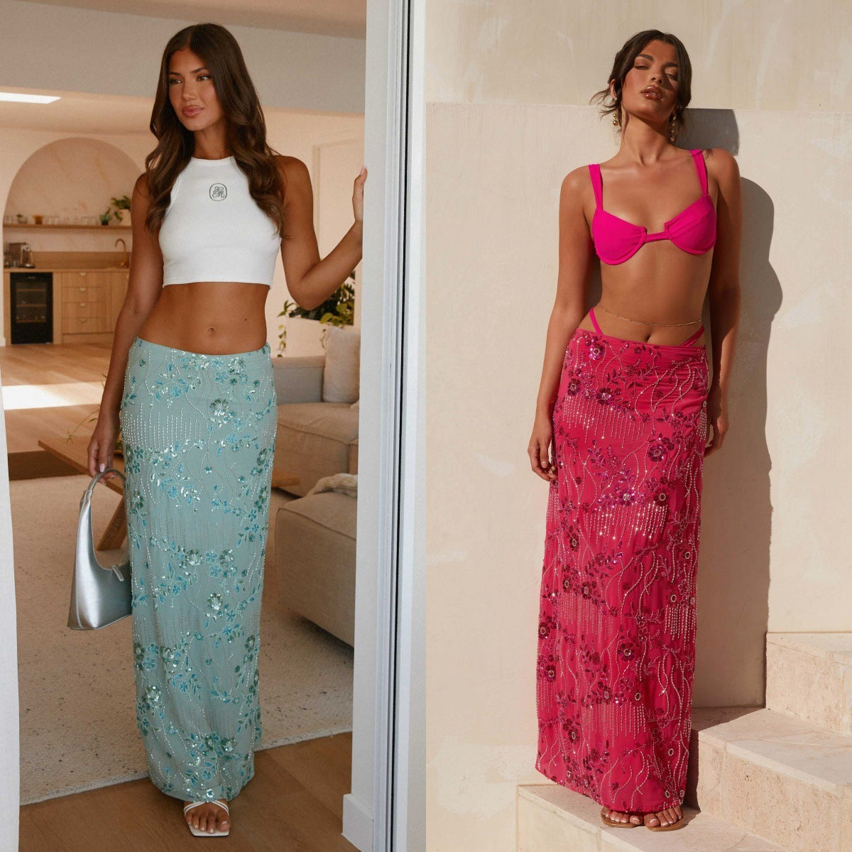 Sparkling Sequined Embroidered Maxi Skirt for Evening Occasions and Parties