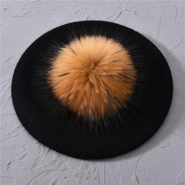 Women's Wool Beret with Real Raccoon Fur Pom Pom