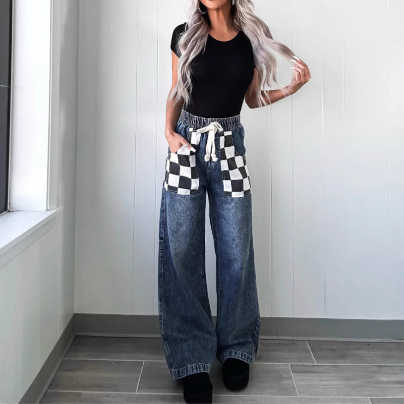 Trendy Baggy Jeans with Checkerboard Pockets
