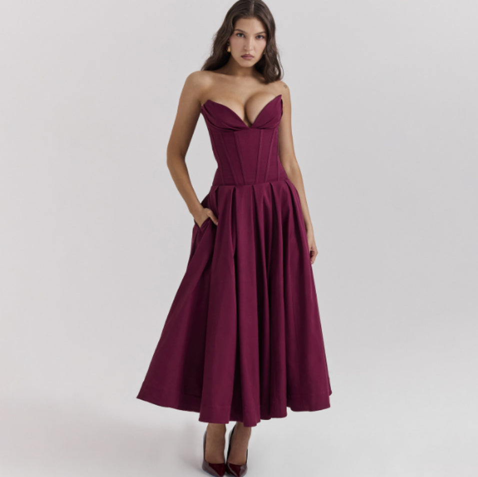 Elegant Strapless Corset Midi Dress - Evening & Party