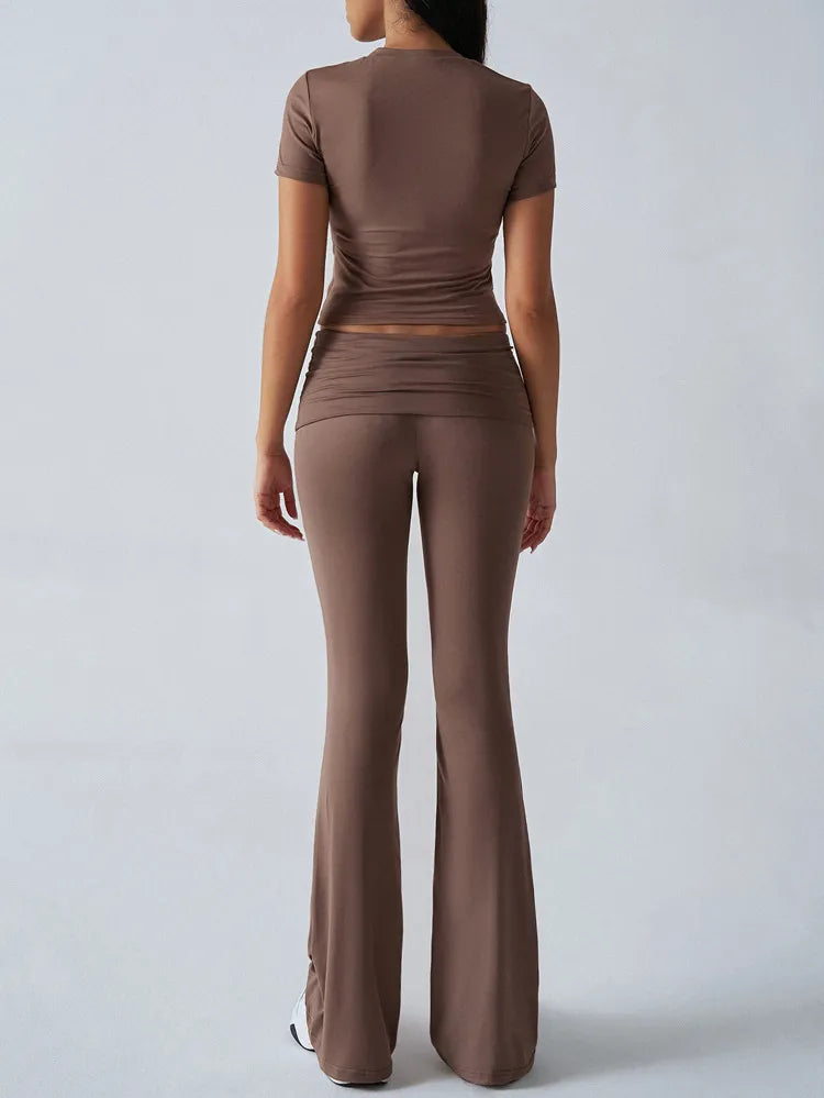 Comfortable Solid Color Short Sleeve Crop Top and Flared Leg Pants Co ord Set