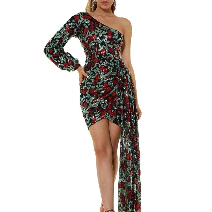 Elegant Off-Shoulder Sequin Evening Dress with Asymmetric Hem