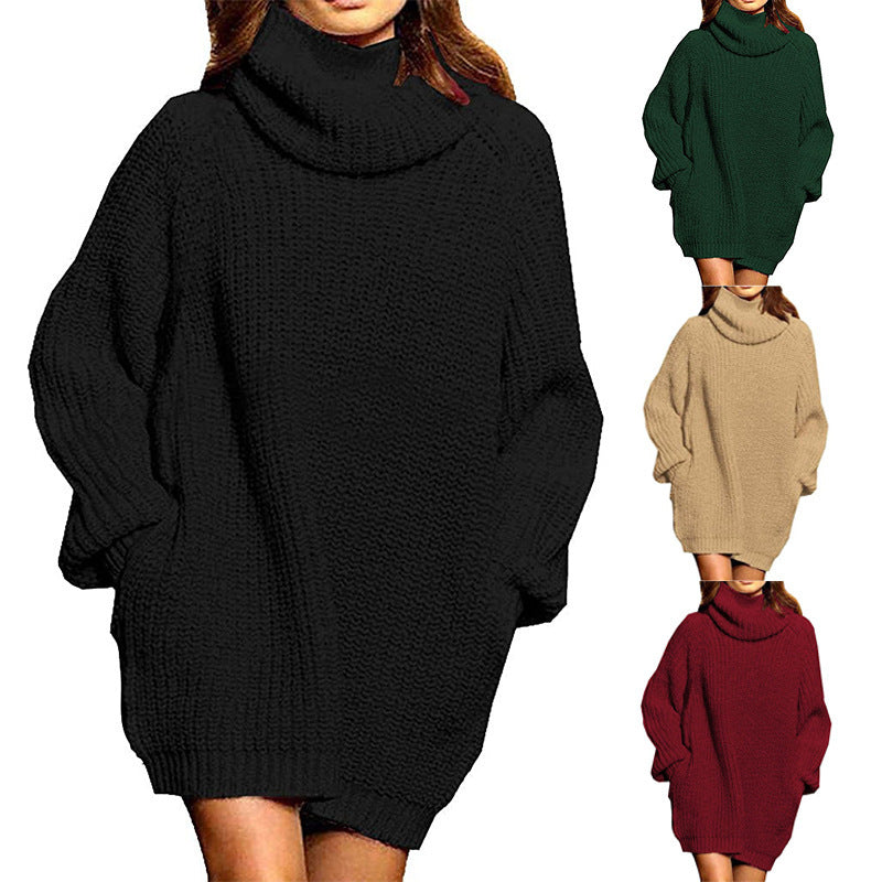 Cozy Oversized Long Sleeve High Neck Knit Sweater Dress with Convenient Pocket