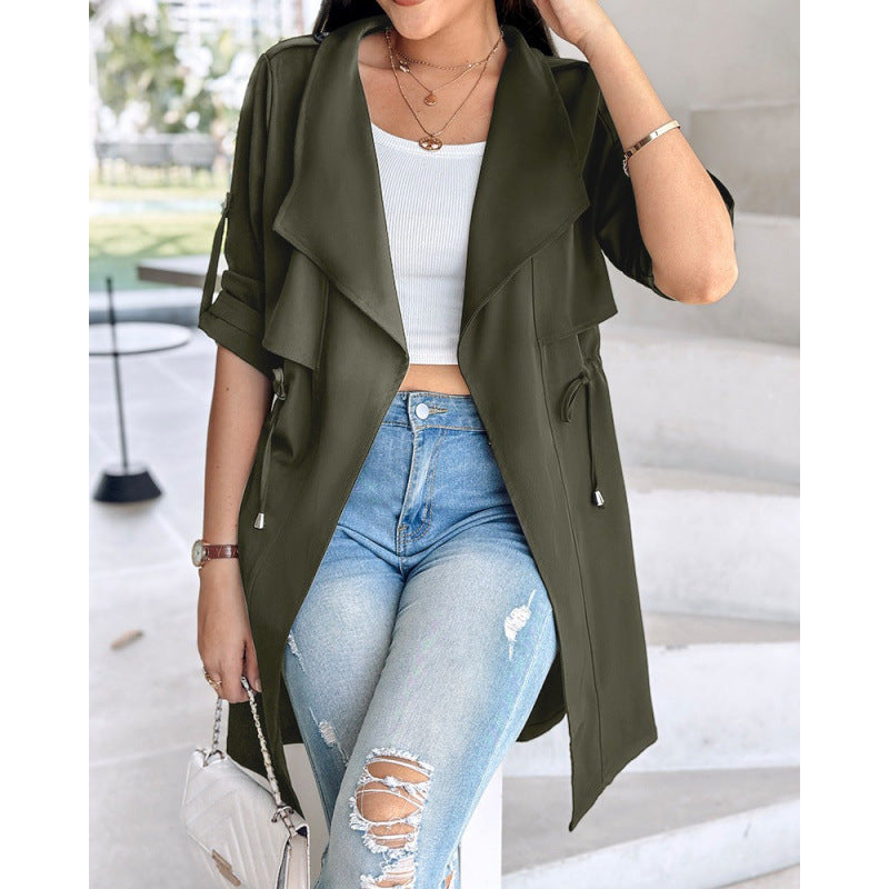 Women's Loose Linen Trench Coat with Rolled Sleeves - Mid-length