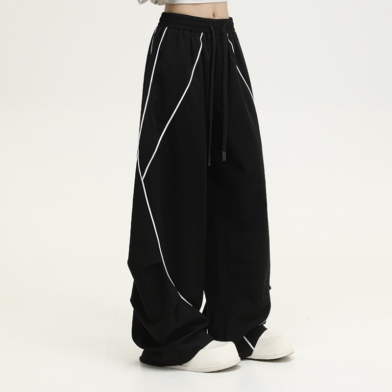 Women's Black Striped Wide-Leg Sporty Track Pants