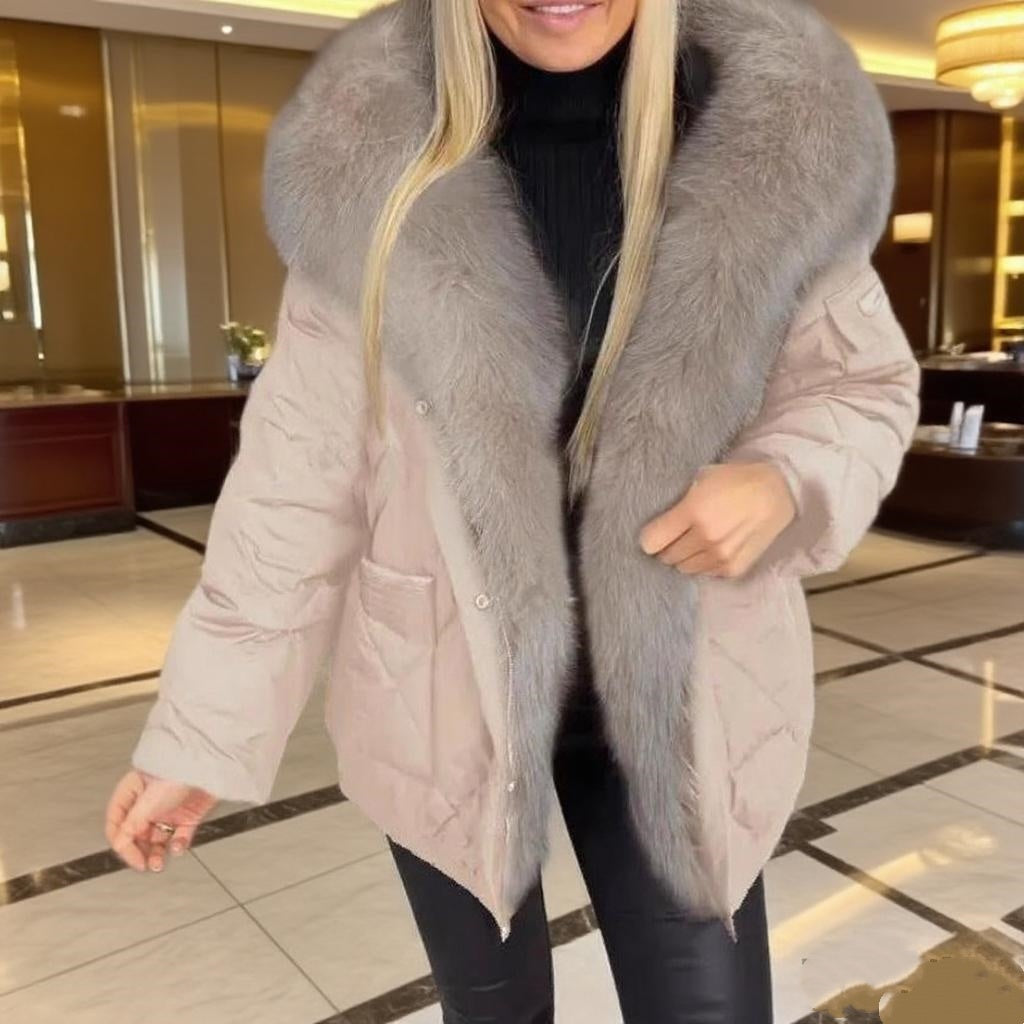 Cozy Mid Length Puffer Jacket with Plush Faux Fur Hood Winter Outerwear
