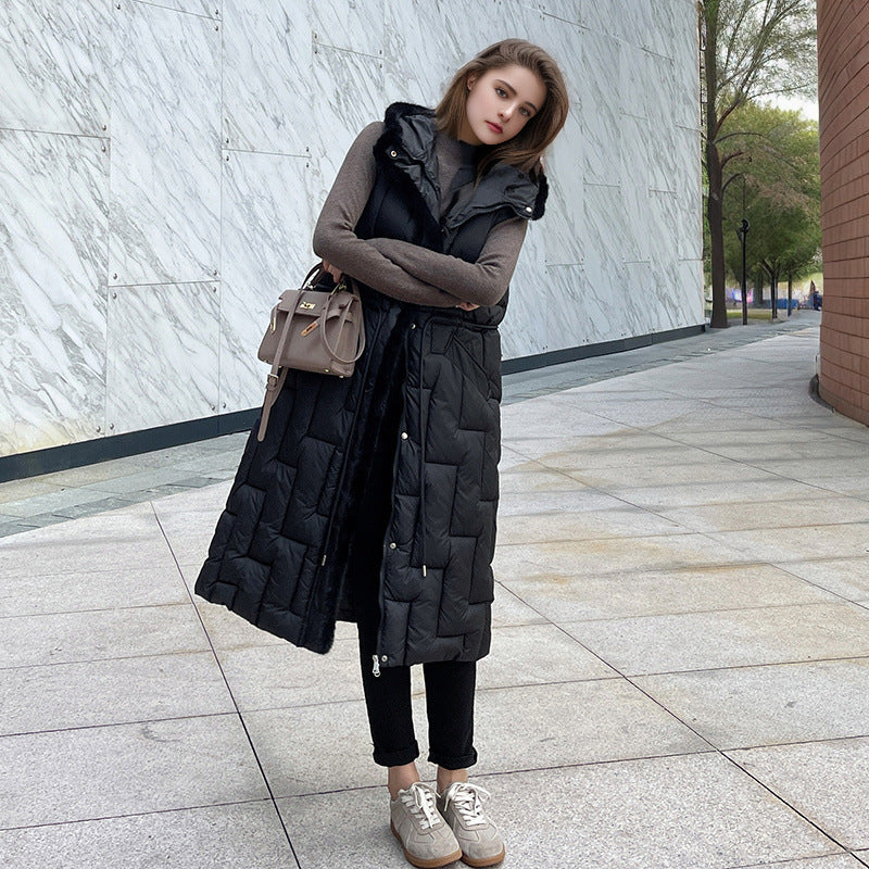 Elegant Overknee Hooded Padded Winter Vest Outerwear