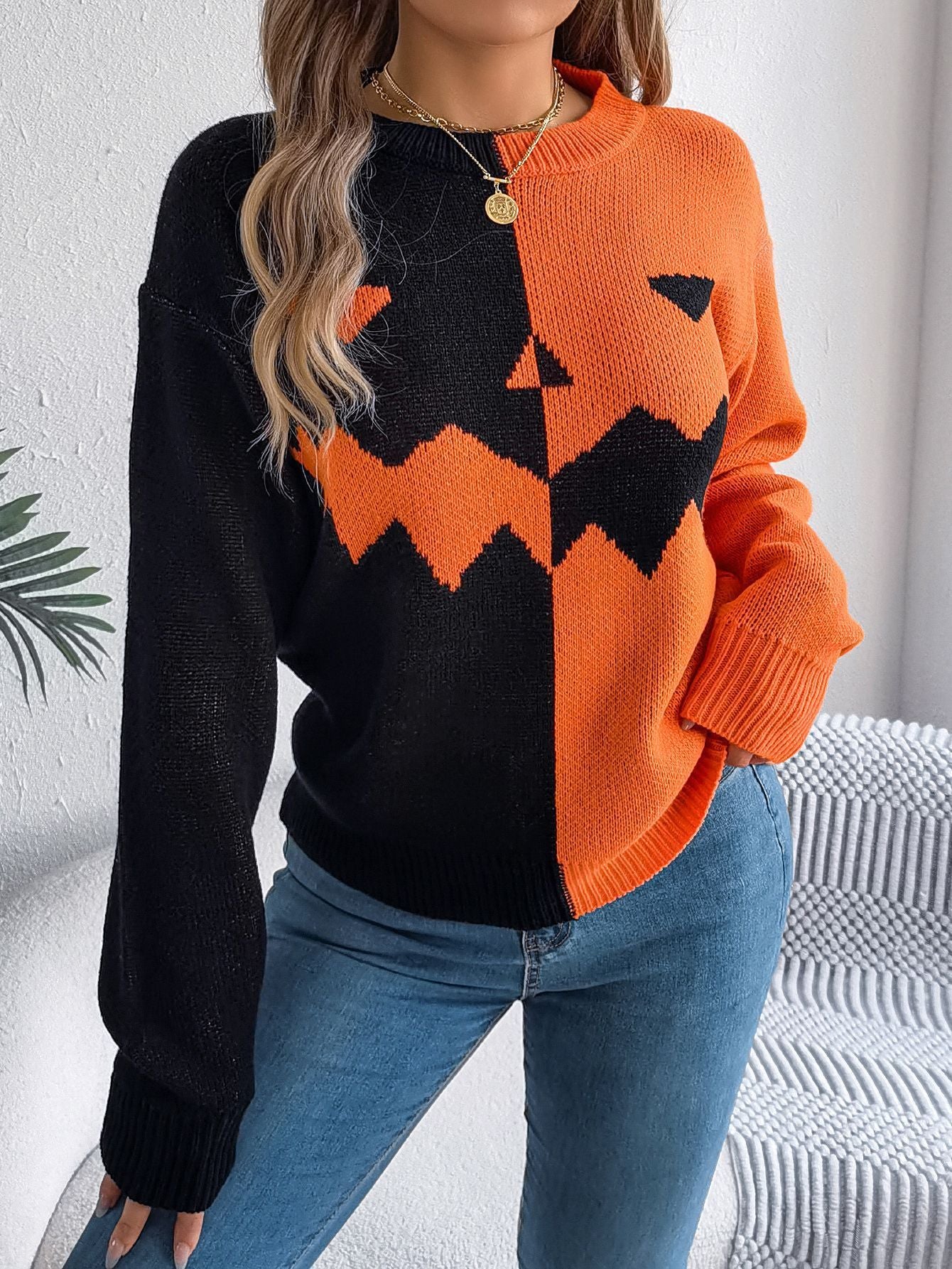 Spooky Chic Pumpkin Face Contrast Knit Long Sleeve Pullover Sweater