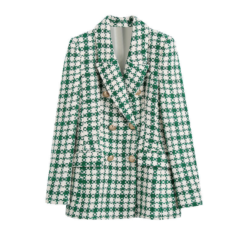 Chic Green and White Plaid Textured Mini Skirt with Elegant Buckle Detail