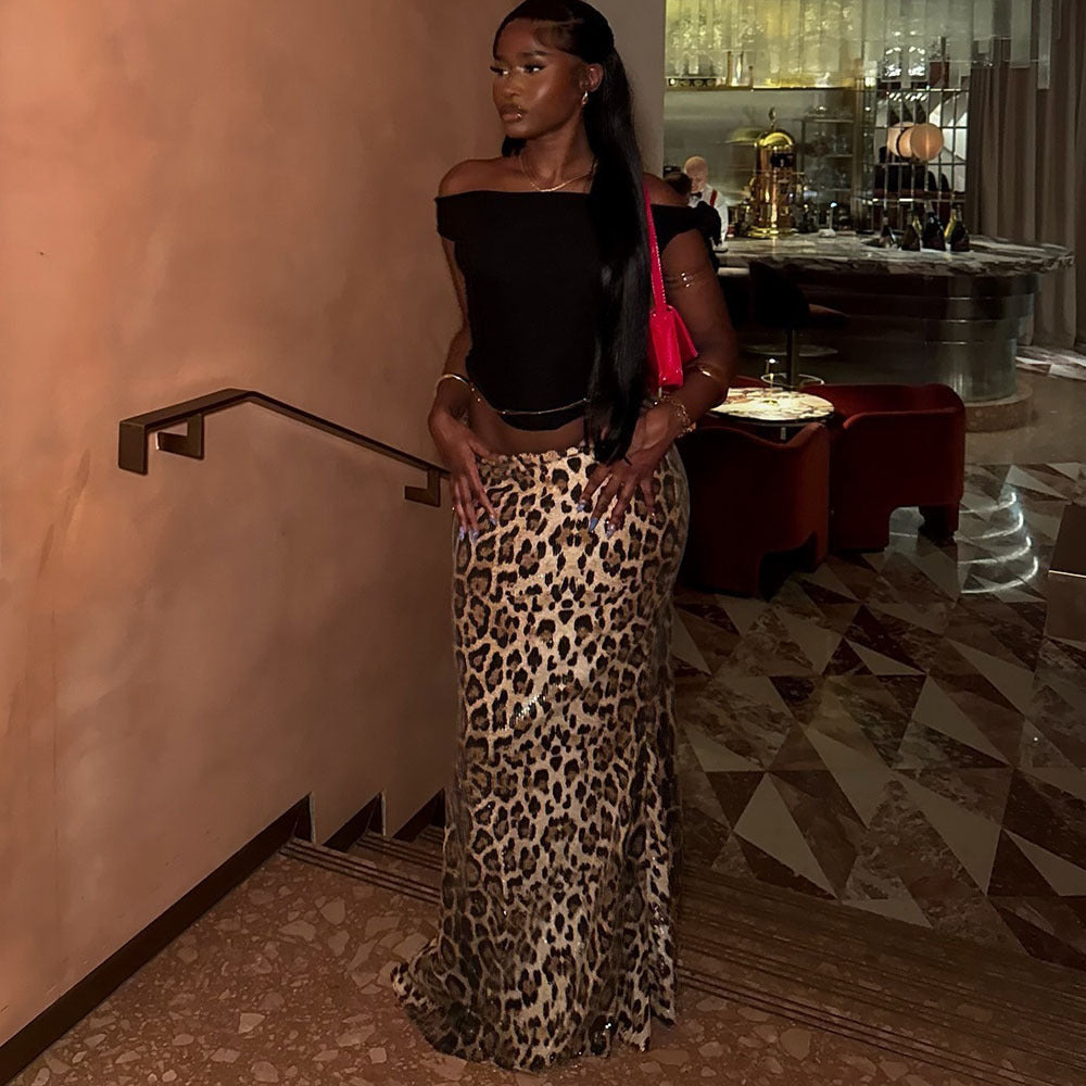 Stunning Leopard Print Sequin Maxi Fishtail Skirt