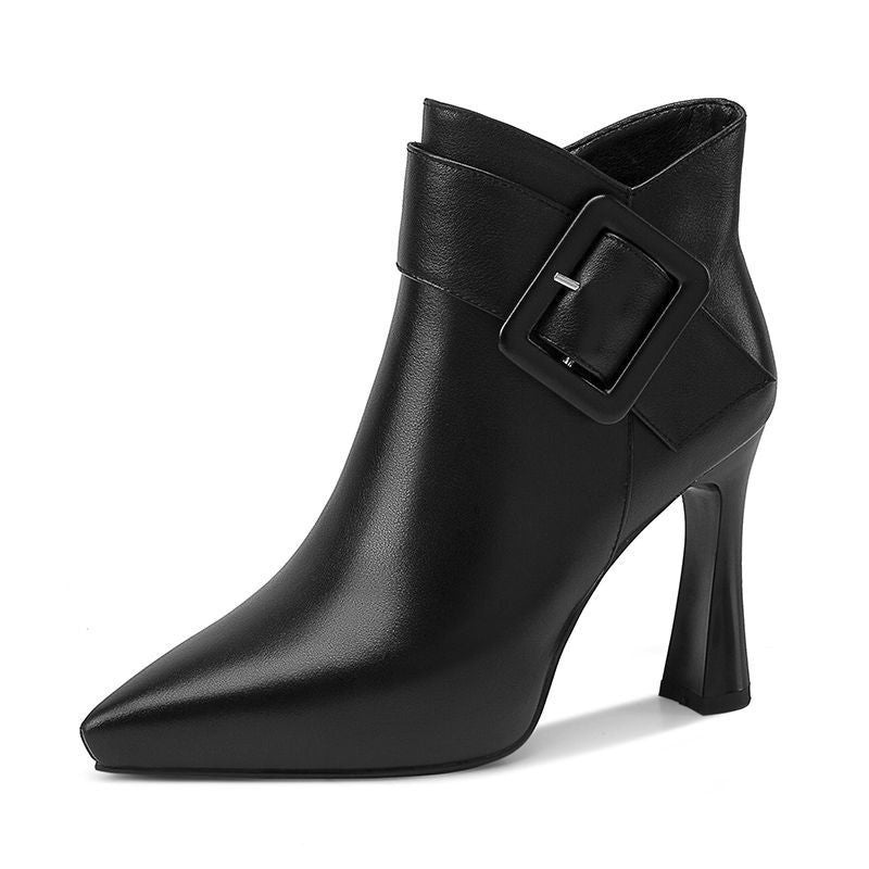 Women's Chic High Heel Ankle Boots with Belt Buckle Design