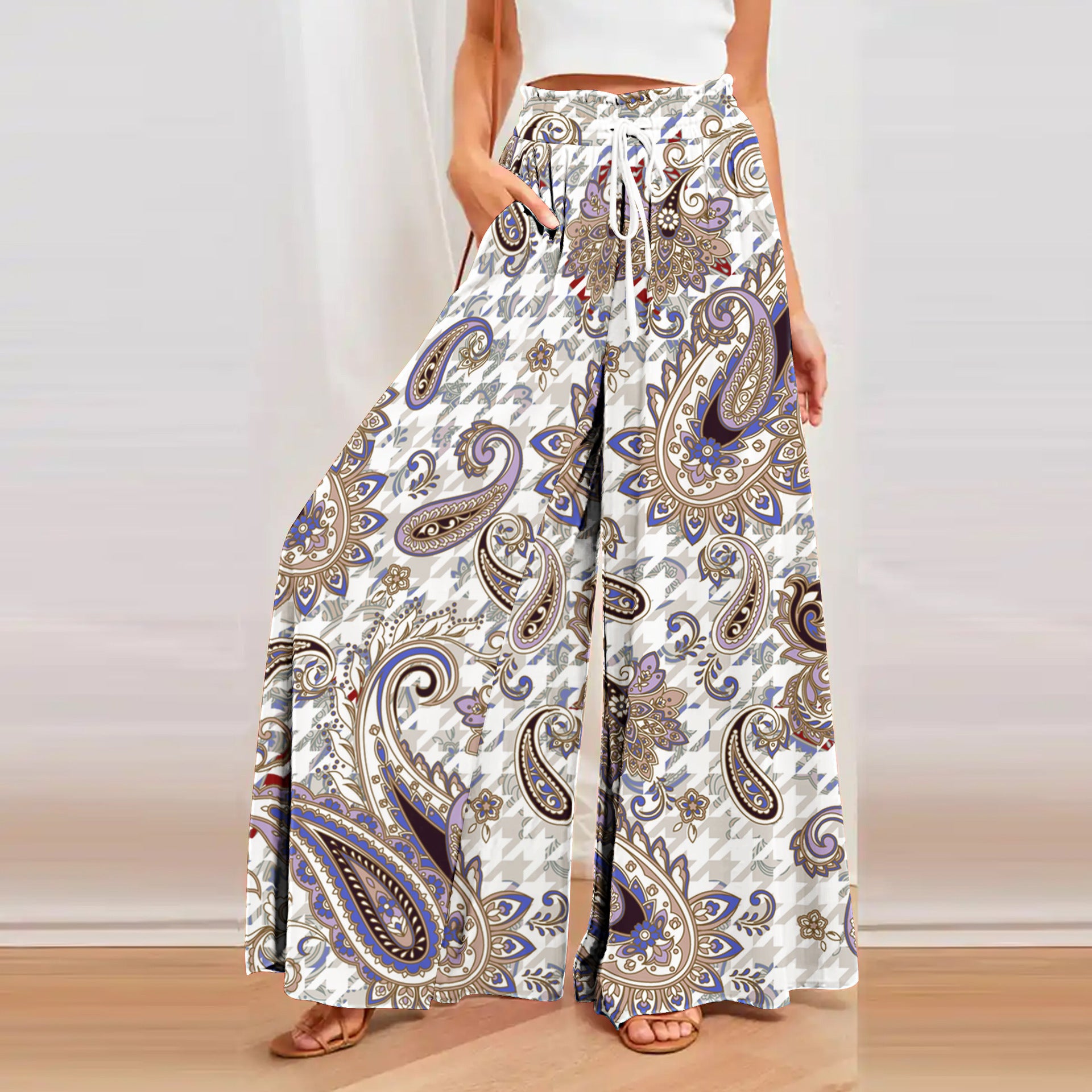 Bohemian Printed Wide Leg Hemp Culottes - Relaxed Fit
