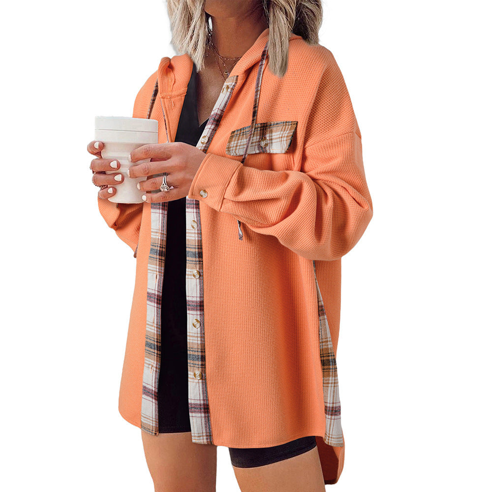 Effortless Plaid Hooded Waffle Knit Shacket for Casual Style