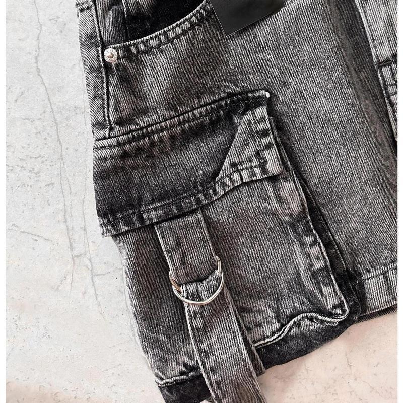 Trendy Y2K Washed Denim Mini Skirt with Utility Pockets