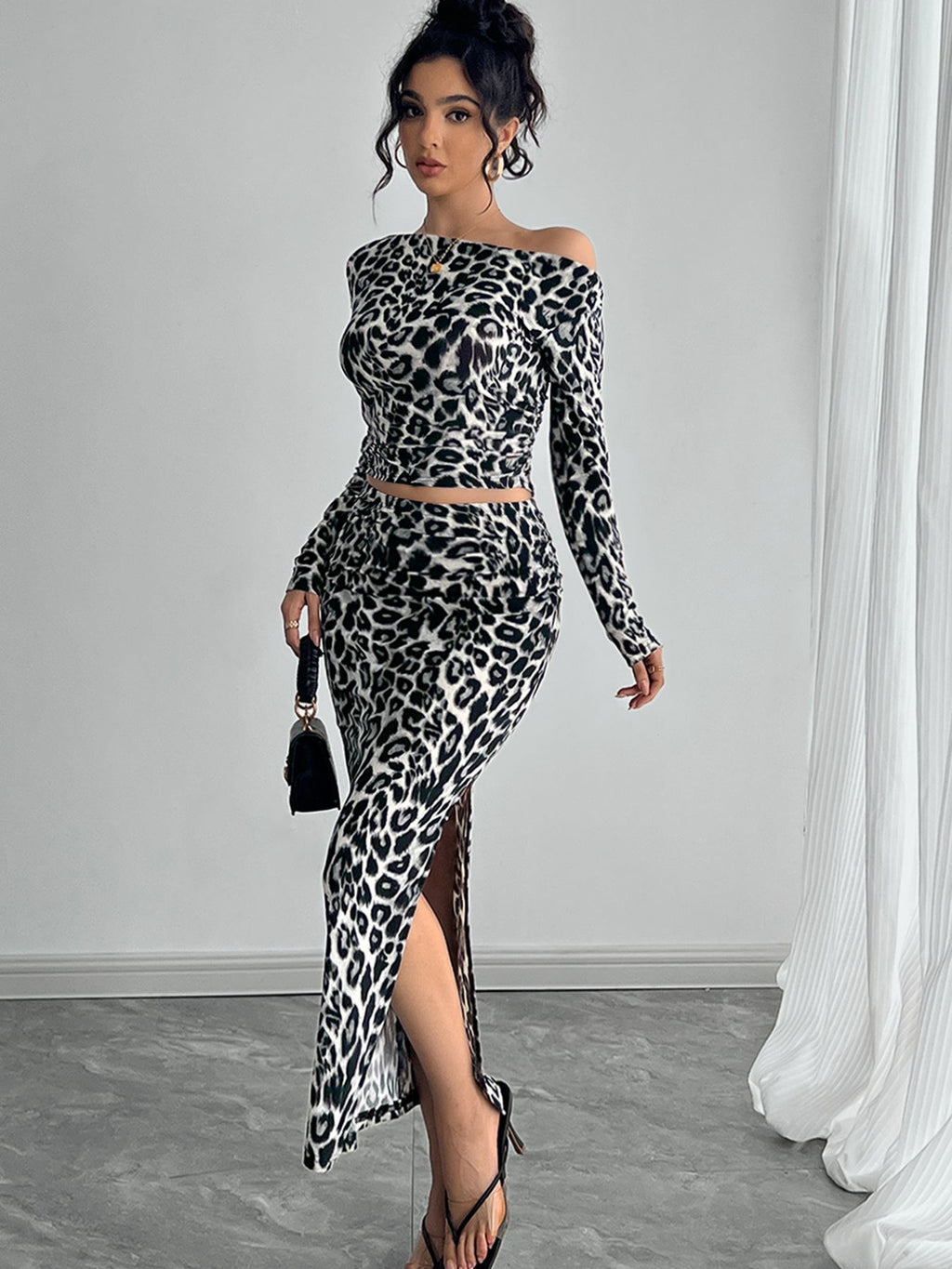 Stylish Leopard Print Off Shoulder Long Sleeve Crop Top and Slit Maxi Skirt Two Piece Set