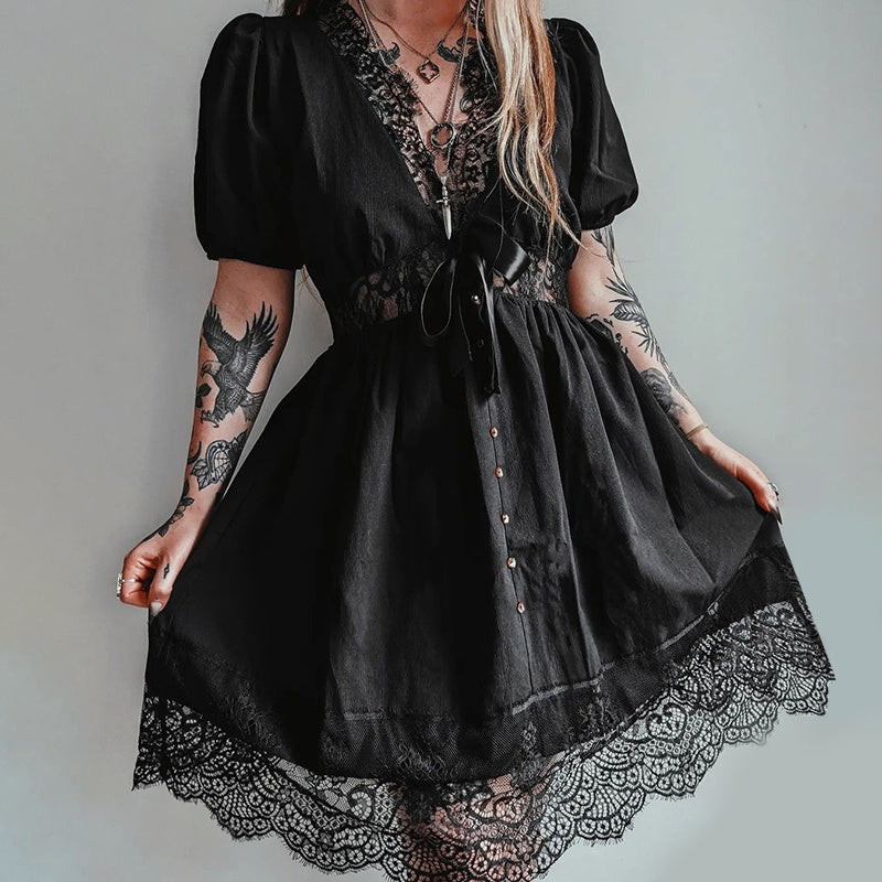 Elegant Black Lace Trim Puff Sleeve A Line Mini Dress with High Waist