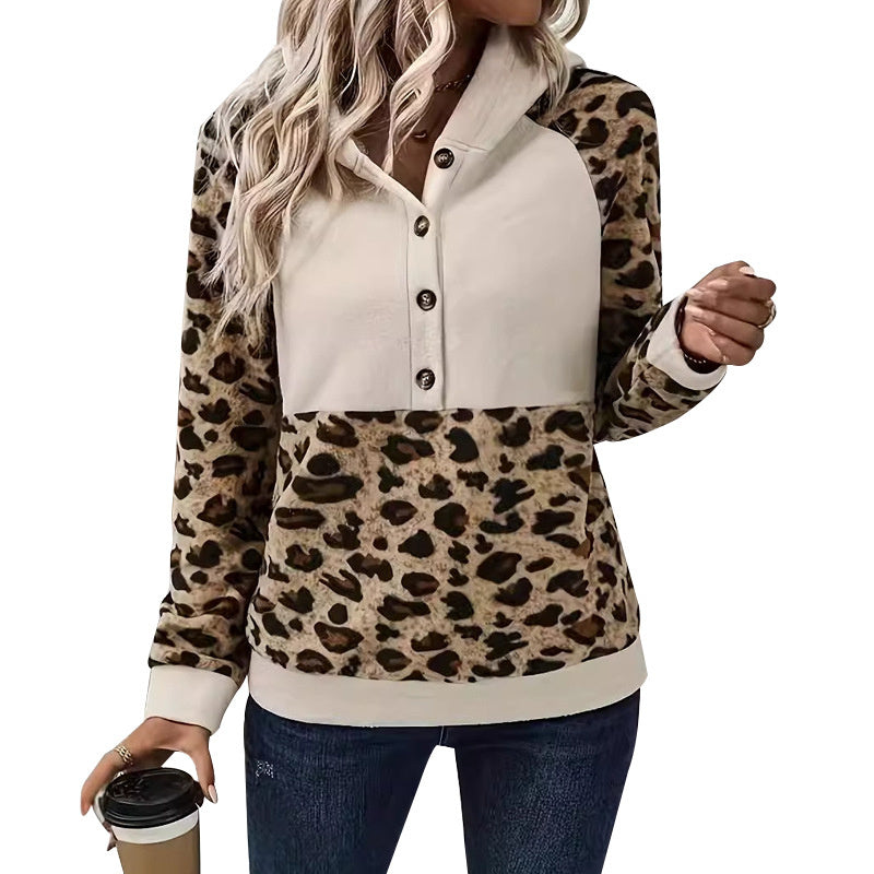 Stylish Leopard Print Color Block Casual Hooded Pullover Sweatshirt