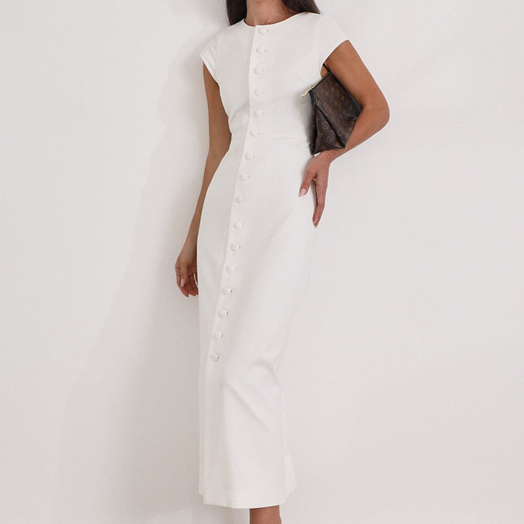 Elegant White Button-Front Sheath Midi Dress