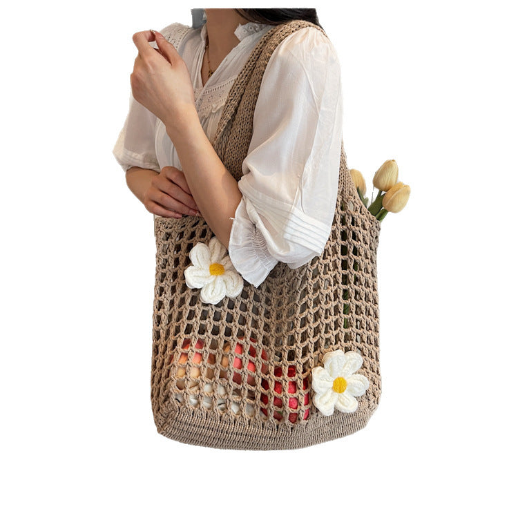 Elegant Knitted Flower Mesh Shoulder Bag - Versatile & Spacious