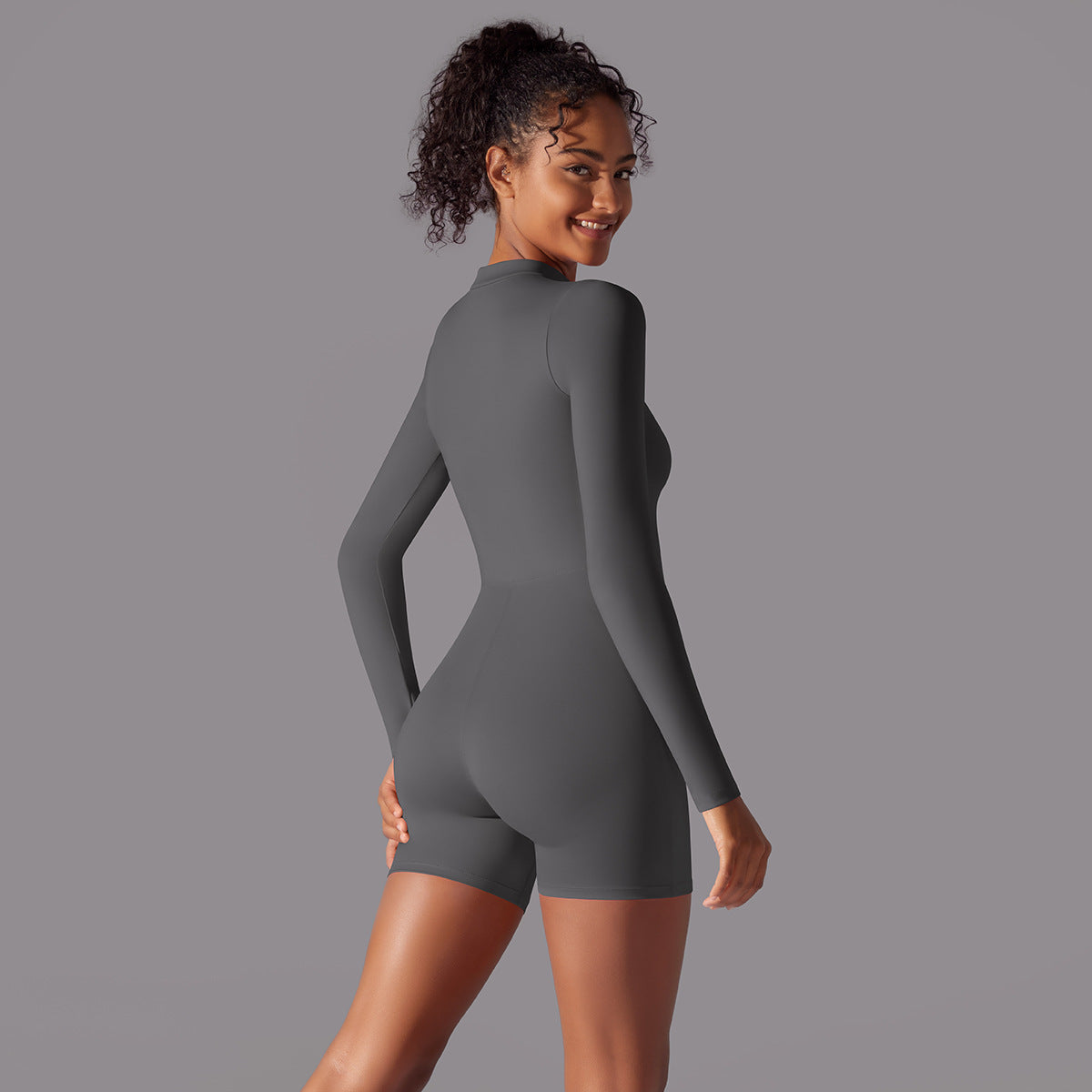 Comfort Fit Long Sleeve Zipper Front Activewear Short Jumpsuit for Exercise