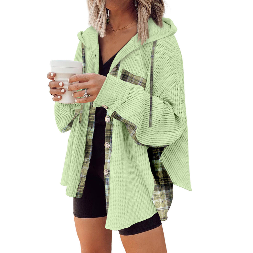 Effortless Plaid Hooded Waffle Knit Shacket for Casual Style