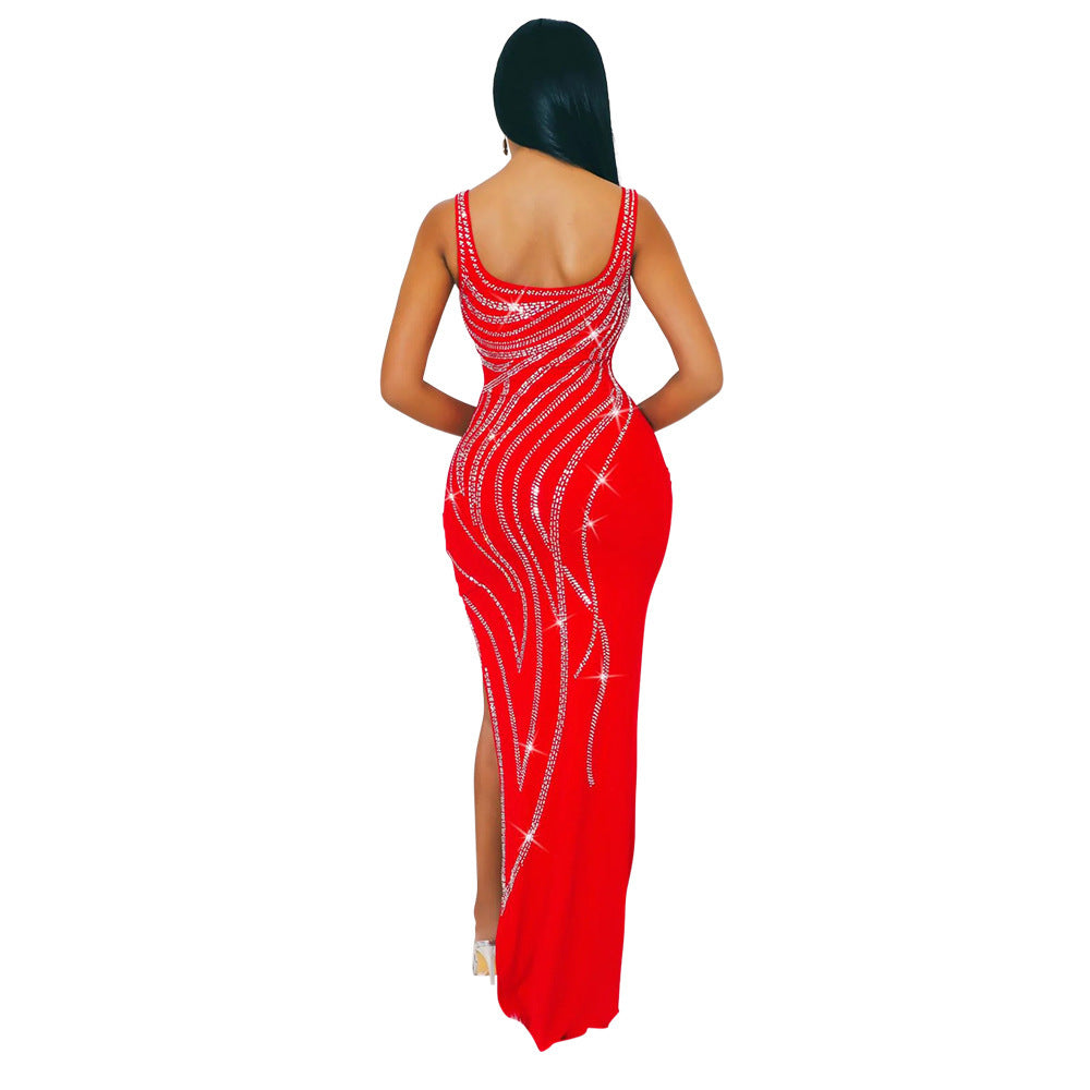 Glamorous Rhinestone High Slit Maxi Dress - Elegant Evening Party Gown