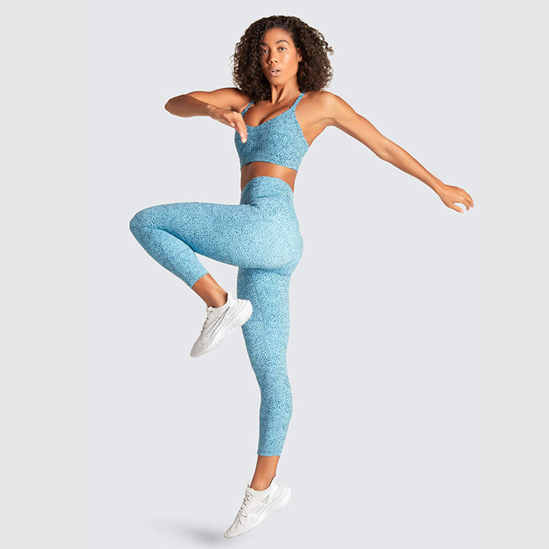 Printed Halter Bra and Leggings Sports Fitness Yoga Set with Pockets