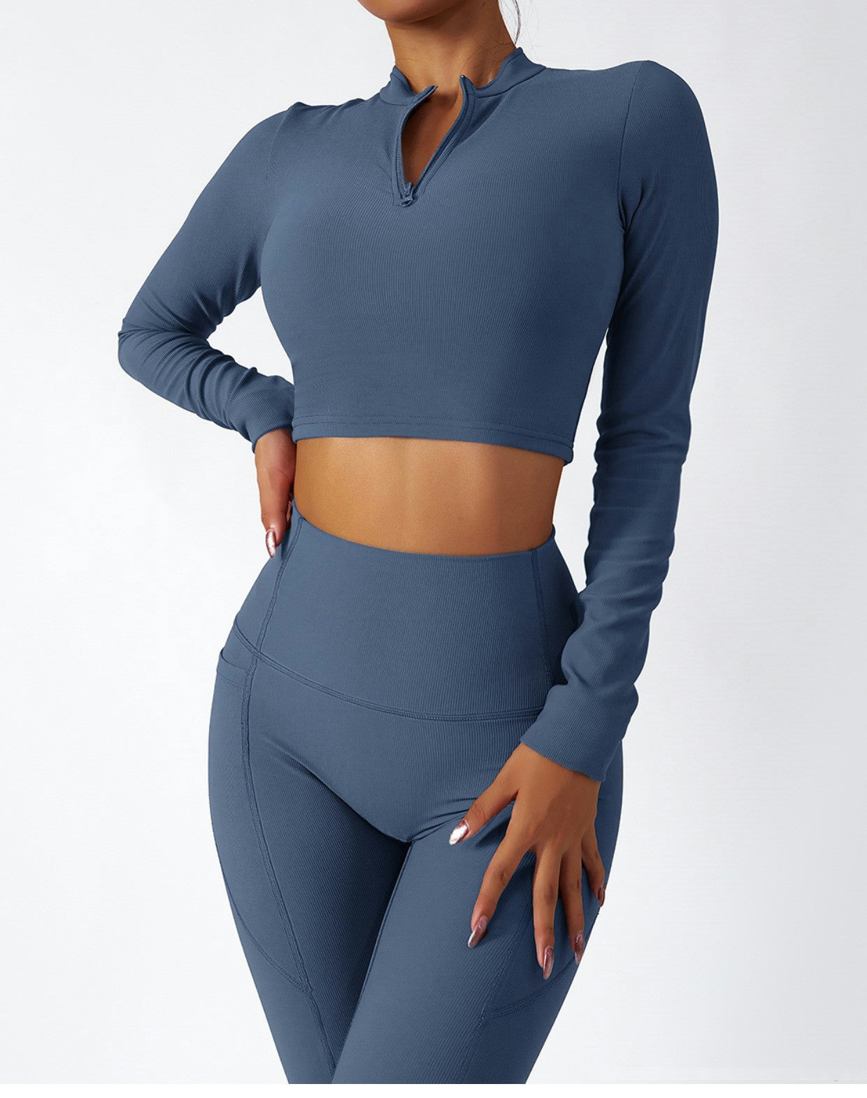 Comfortable Ribbed Long Sleeve Activewear Set with High Waist Leggings for Yoga and Training