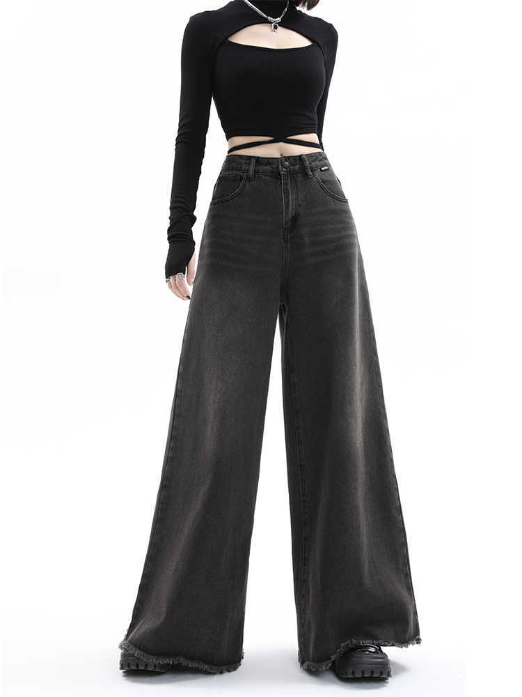 Women's High Waist Wide Leg Jeans - Retro Raw Hem Style