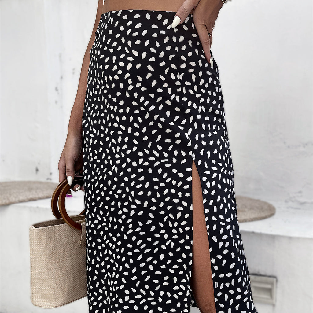 Chic Polka Dot A Line Midi Skirt with Stylish Slit for Everyday Elegance