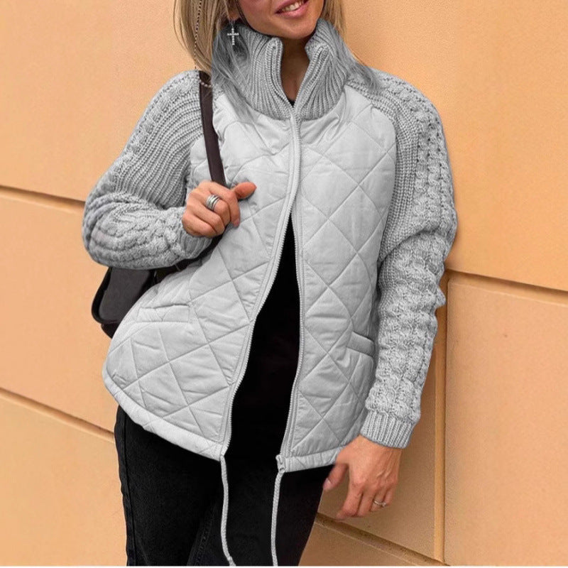 Stylish Quilted Front Zipper Jacket with Cozy Knitted Sleeves and Stand Collar
