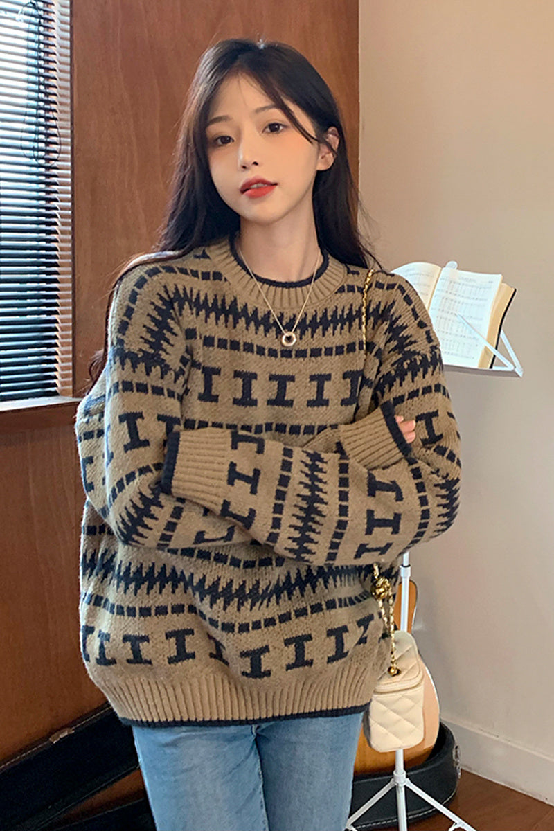 Retro Geometric Pattern Drop Shoulder Knit Pullover Sweater Long Sleeve Cozy