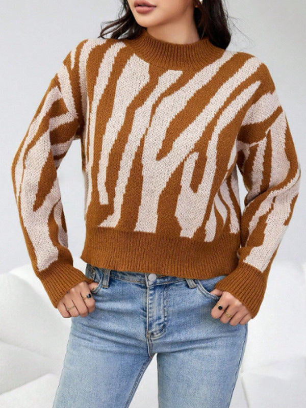 Stylish Jacquard Knit Animal Print Loose Fit Pullover Sweater
