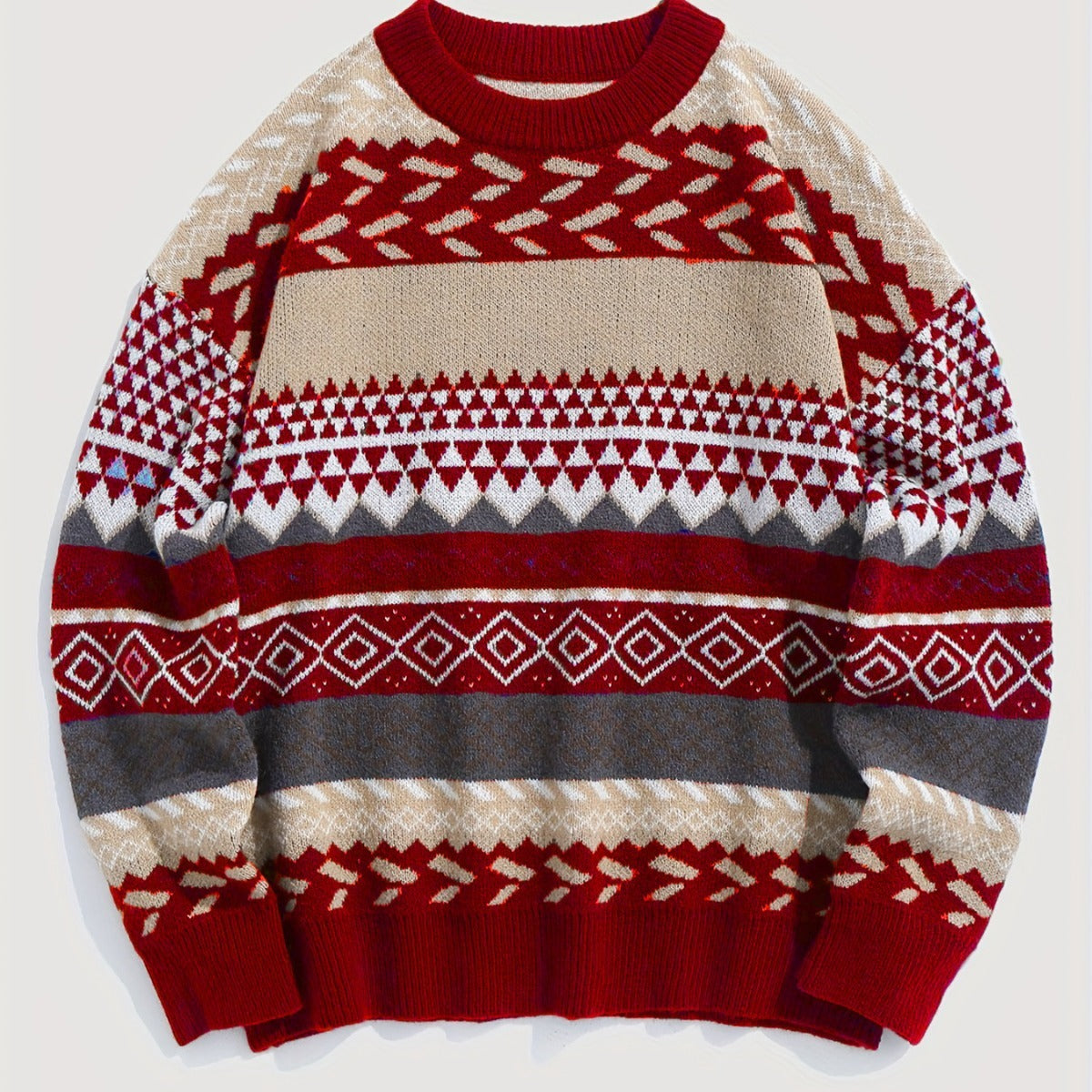 Cozy Long Sleeve Crew Neck Geometric Pattern Knit Pullover