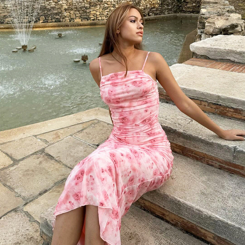 Women's Printed Bodycon Dress - Sexy Spaghetti Strap Maxi