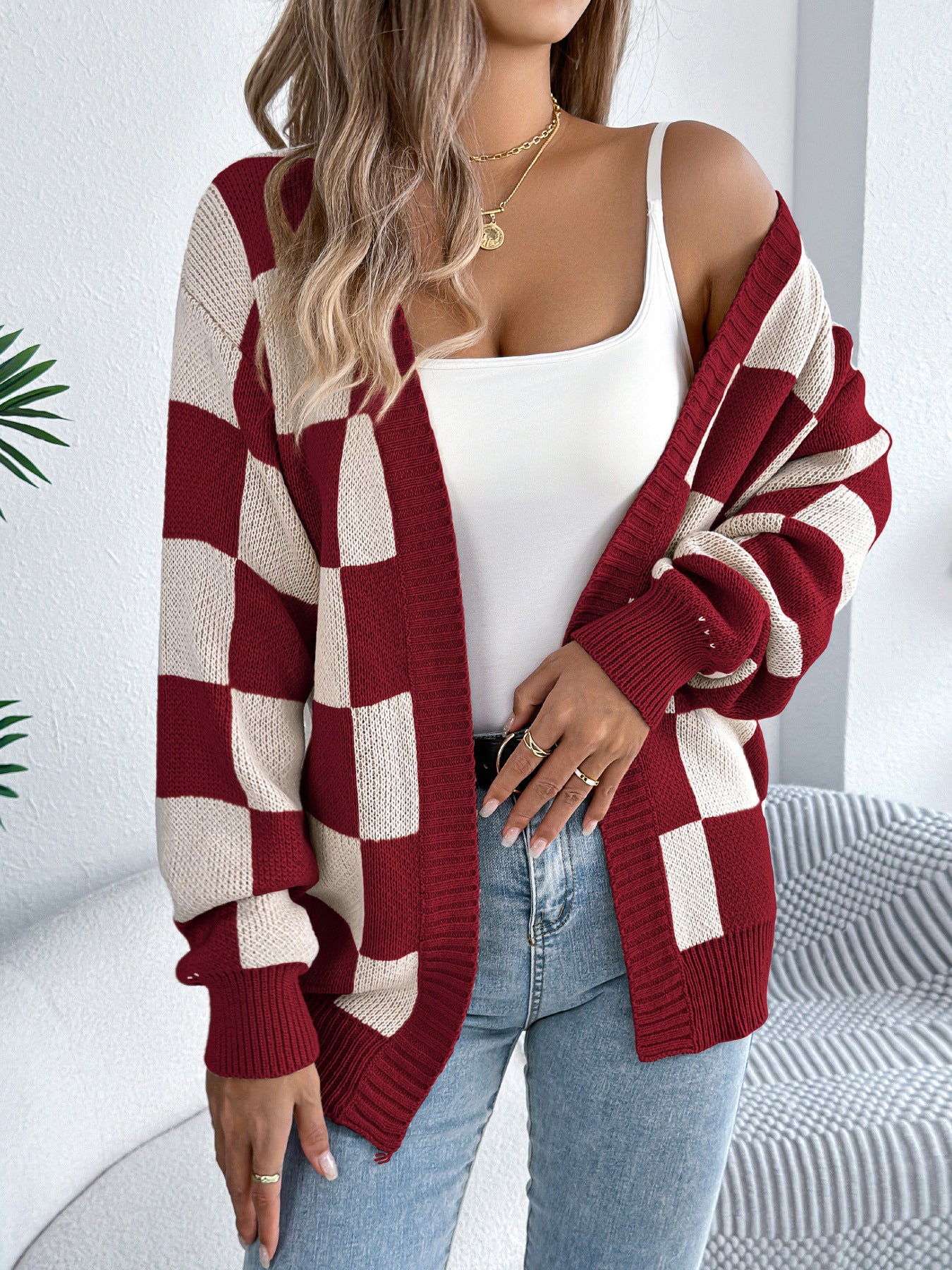 Cozy Plaid Checkered Long Sleeve Knit Cardigan Sweater